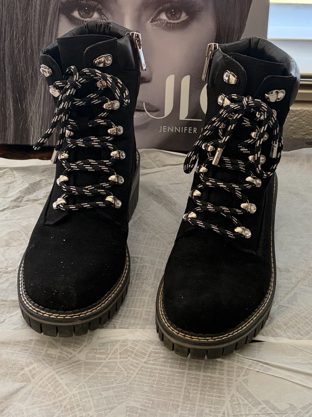 Jennifer Lopez Black Suede Lace-Up Lug Boots